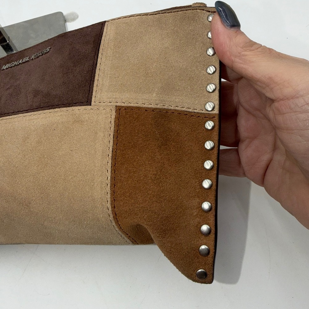 Michael Kors Suede Patchwork Studded Wristlet Clutch Brown Tan Silver Studs - Picture 3 of 13
